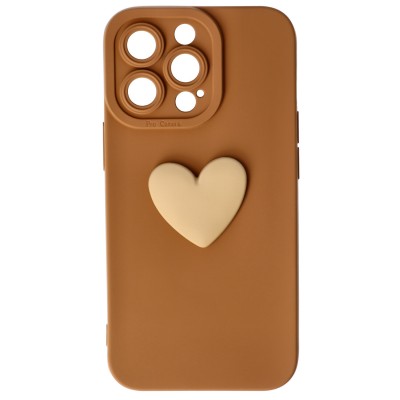 Husa iPhone 13 Pro, Silicon cu Protectie Camera,  3D Heart, Maro